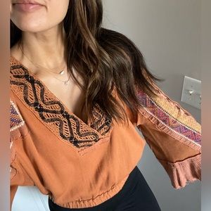 Free People Burnt Orange Patchwork Blouse
